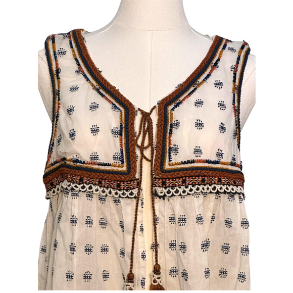Zara Cream Brown Sleeveless Embroidered Tassle Tie Cotton Blouse Small Boho - Picture 2 of 9